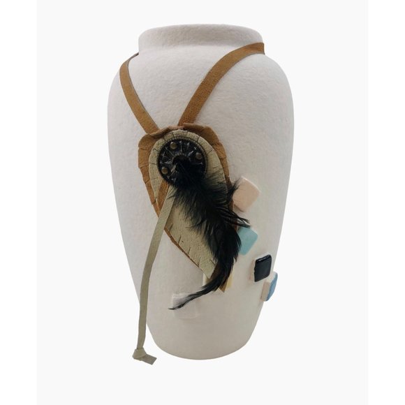 Native American Indian Style Vase Feather Vase White Home Decor Pottery 8 in - Picture 4 of 10